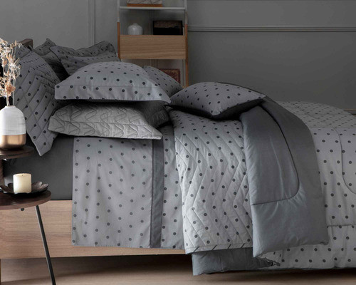 Cobreleito 3pc Casal Vida Bela Vintage Poá Chumbo Kacyumara 1