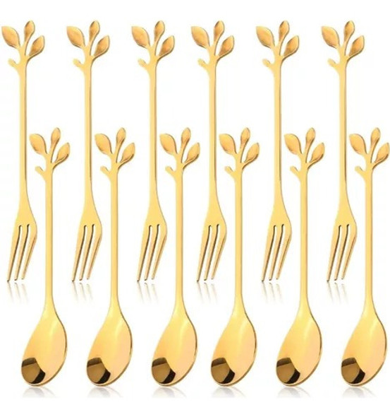 12 Tenedor + Cuchara Postre Picadas Tortas Dorados Flor 0