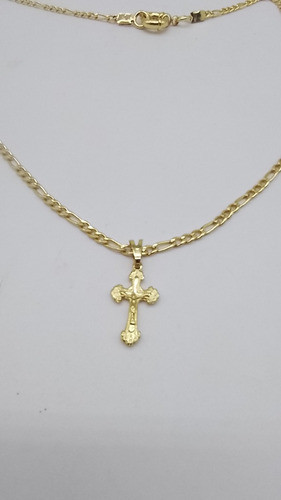 Cadena Figaro Y Cruz Enchapada En Oro 18k Con Sello 1