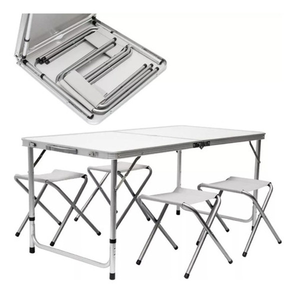 Mesa Liviana Y Practica Plegable Aluminio Con 4 Banquetas 0