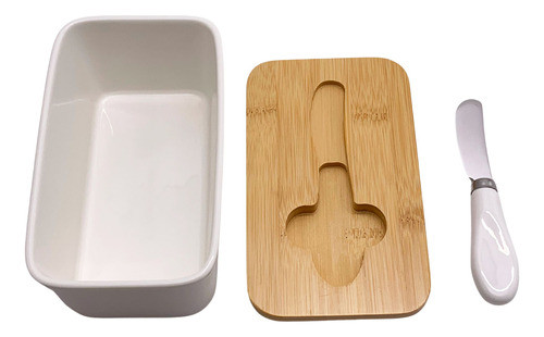 Mantequera De Cerámica Con Tapa De Bambú Y Untador, En Caja 1