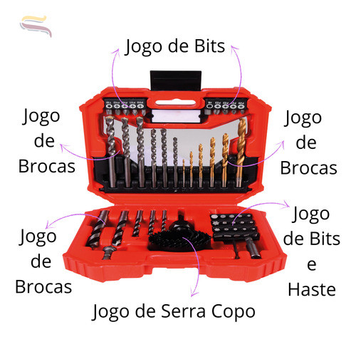 Kit Ferramentas Brocas / Bits / Serra Copo C/56 Peças Worker 1