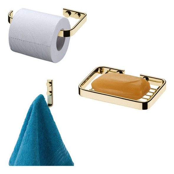Kit Acessórios Lavabo Porta Papel Higienico Sabonete Dourado 0