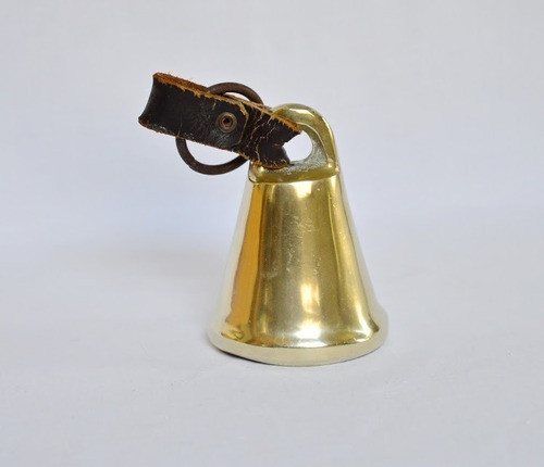 Antigua Campana De Mano Bronce Macizo Agarre De Cuero Metal 1