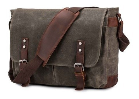 Bolso De La Cámara Bolso De Hombro Hombres Lona Verde Cuero 1