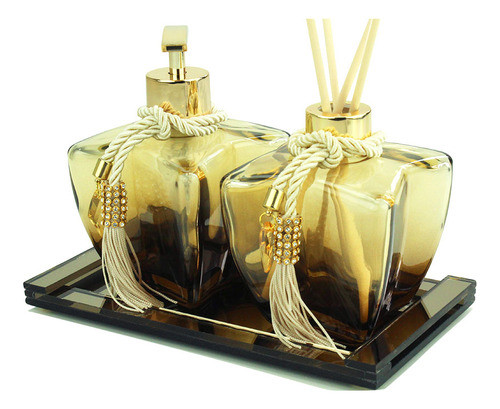 Kit Lavabo Banheiro Vidros Degrade Dourado C/ Bandeja Luxo 0