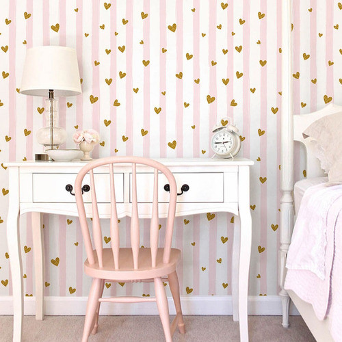 Papel De Parede Adesivo Listras Rosa E Corações De Glitter 0
