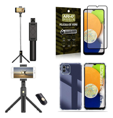 Kit Capa A03 +mini Tripé Selfie Bluetooth +película 3d 0