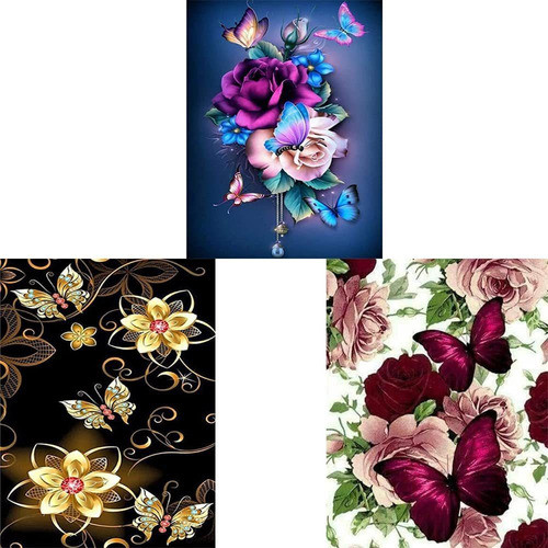 Kit Pintura Con Diamantes 3 Piezas Flor Mariposa 40x30cm 0