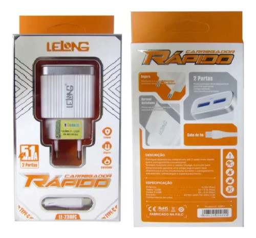 Carregador Tipo C Lelong Le-238fc 2 Portas Usb 0