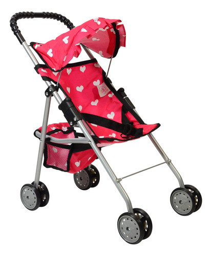 Cochecito Plegable Para Muñeca Rosa Con Canasta Y Corazones 0