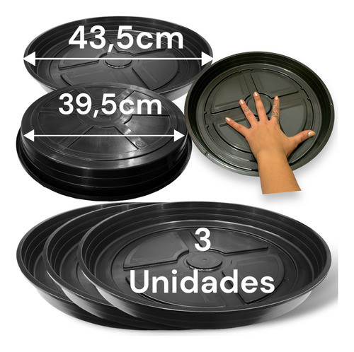 3 Prato P/ Vaso Redondo Plástico Reforçado Extra Grande 42cm 0