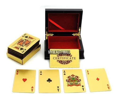 Alta Calidad 24k Hoja De Oro Poker Naipes Caja Madera W Cert 0