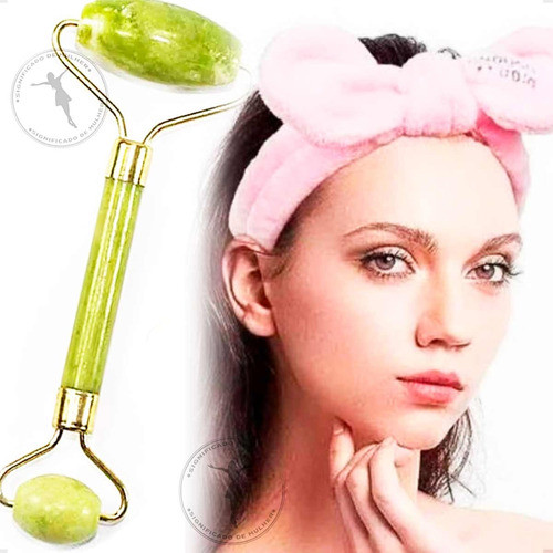 Faixa Skincare +rolinho Pedra Facial De Jade Verde Antirugas 0