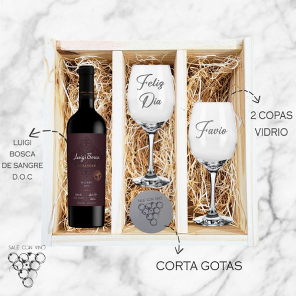 Caja Madera Vino Luigi Bosca Doc + 2 Copas Transp. Grabado 1 Caja Madera Vino Luigi Bosca Doc + 2 Copas Transp. Grabado 1