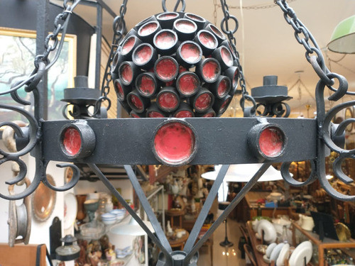 Antigua Araña De Hierro Forjado Y Esmalte 5 Luces 1