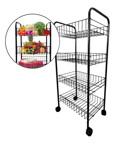 Carro Verdulero Organizador 4 Estantes Con Ruedas Negro 0