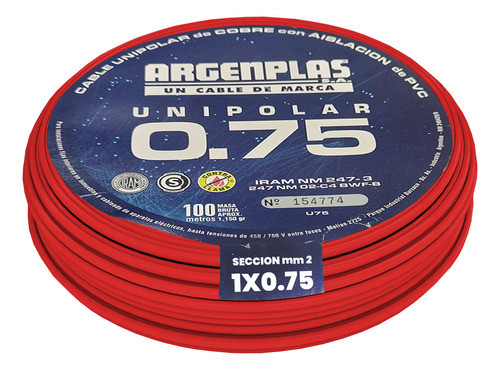 Cable Unipolar 0,75mm2 Pvc Rojo Argenplas Unip 0,75 0