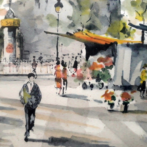 Grabado Acuarelado Lelong Paris Marco 44 X 38 Cm 1