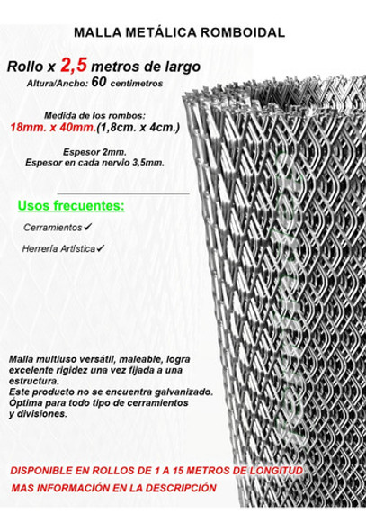 Metál Desplegado Malla Romboidal 18x40mm 60cm X 2,5mts 2mm 1
