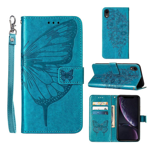 Funda Para iPhone XR - Azul Con Mariposas + Tarjetero 0