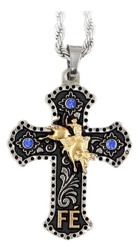 Colar Inox Pingente Bull Rider Fé Strass Azul 0