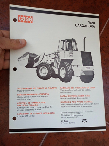 Folleto Antiguo Case W20 Cargadora - En Español 0
