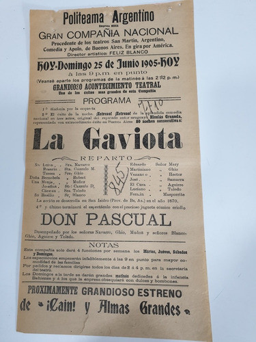 3 Programas Originales Del Teatro Politeama Del Año 1905 -06 1