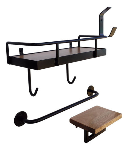 Kit De Baño Hierro Y Madera Eucalipto Laqueado. Estante. 0