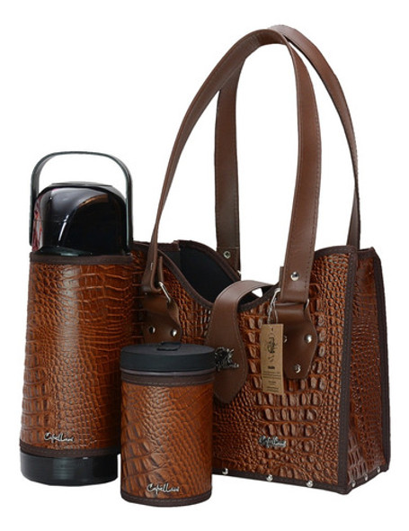 Kit Mateira Quadrado Caramelo Croco Couro Legítimo Premium 0