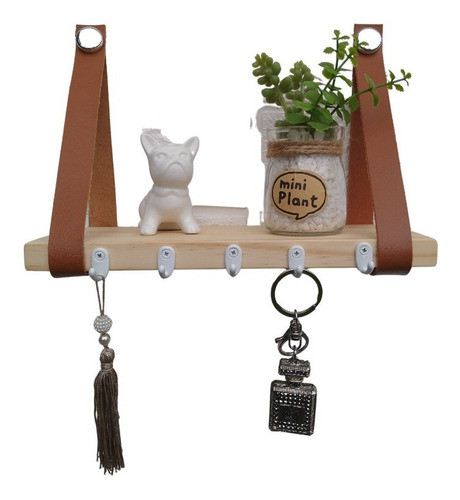 Porta Chaves E Organizador Madeira Pinus  Couro Caramelo 0