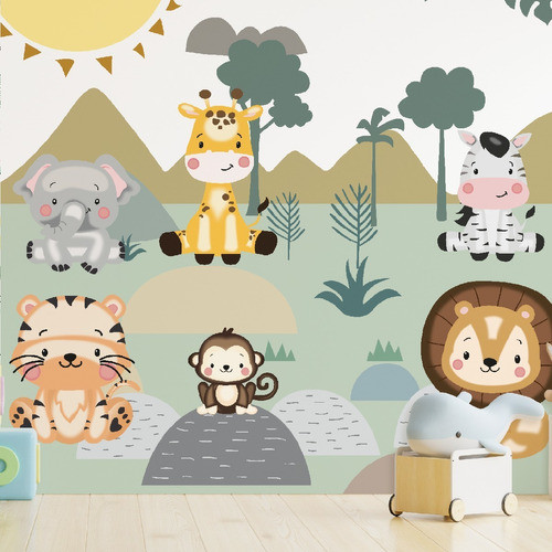 Papel De Parede Infantil Safari Animais Autocolante 4m² 1