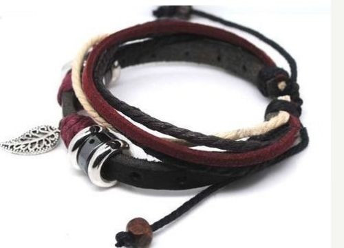 Punk Rock Brazalete Cuero Cuerdas Metal Grano De Madera Homb 1