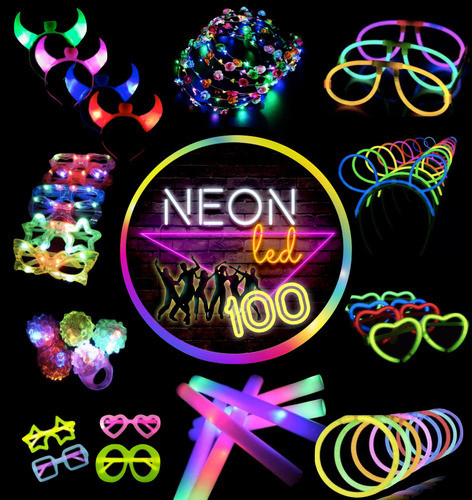 Combo Cotillon Luminoso Led Neon 100 Personas + Labial Fluo 1