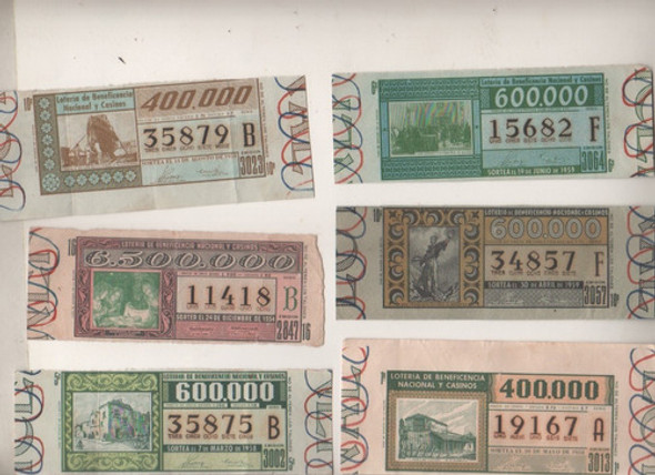 Lote De 6 Antiguos Billetes De Loteria De Los Años 50 0