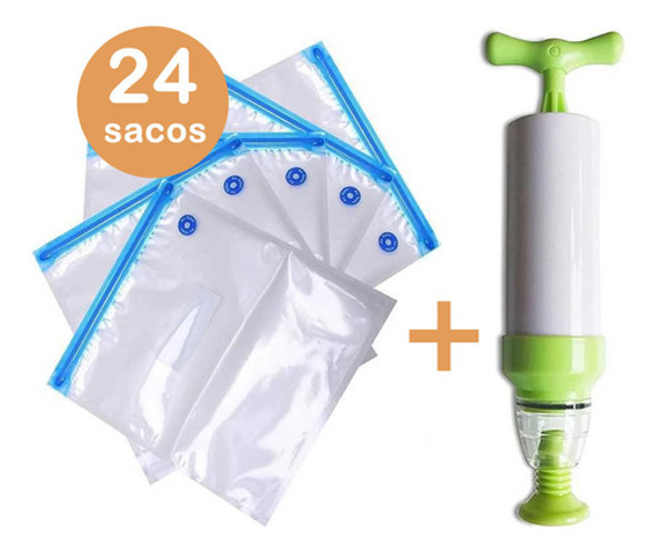 Kit Bomba + 24un Sacos Vácuo Conserva Alimentos Organizador 0 Kit Bomba + 24un Sacos Vácuo Conserva Alimentos Organizador 0