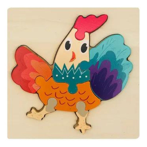 Encastre Animales Rompecabezas 3d Gallo Gallina De Madera 0