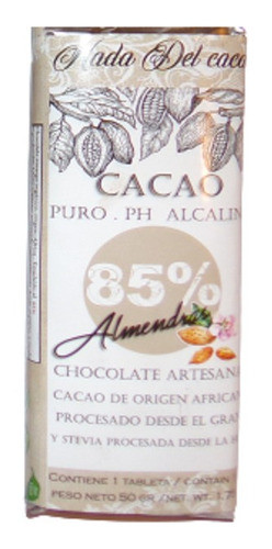 Chocolate 85% Cacao Almendra Sin Azucar Stevia Keto Vegano 0