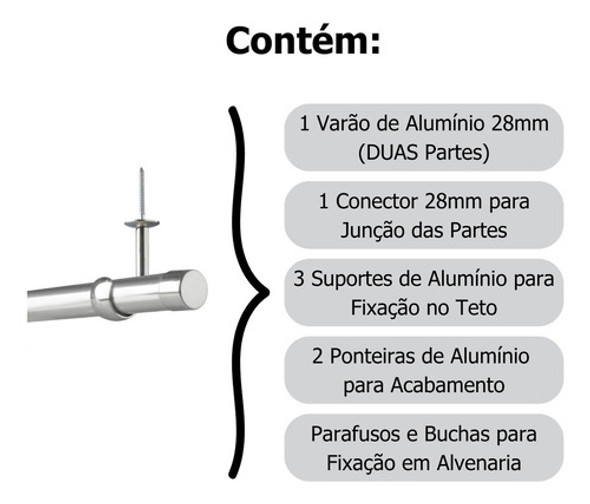 Kit 100% Alumínio Teto Varão 28mm 3,50m Cortina Ilhós/argola 1