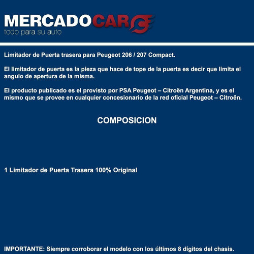 Limitador Tope Puerta Trasera Peugeot 206 1.9 Diesel - 2008 1