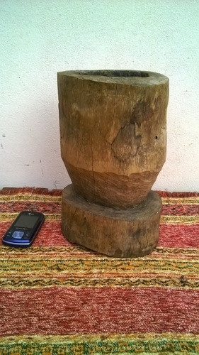 Antiguo Mortero En Madera De Campo Ideal Maceta Cactus 0