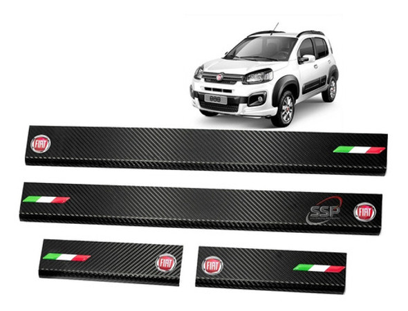 Cubre Zocalos Simil Carbono P/ Fiat Uno Logo + Bandera 0