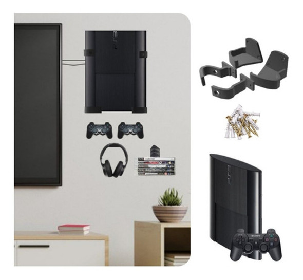Kit Soporte Pared Ps3 Super Slim + 2 Joysticks Juegos Auric 0
