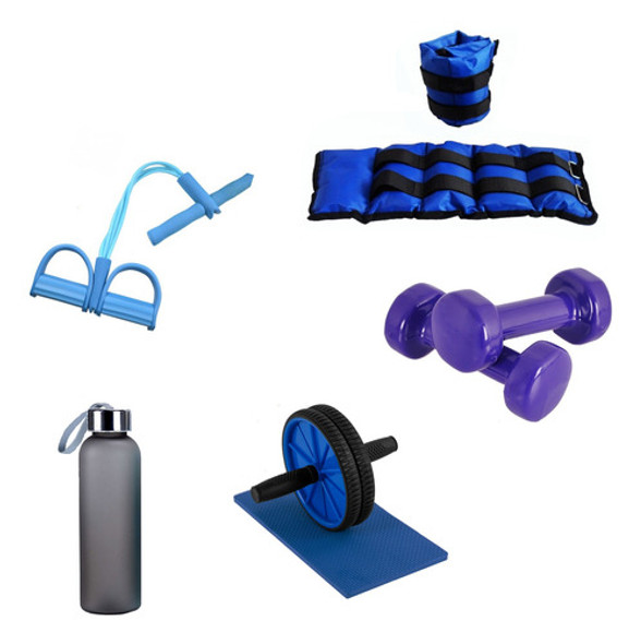 Kit Gym Full Mancuernas,tobilleras,botella,banda,rueda 0