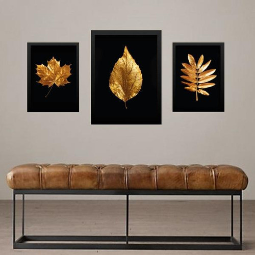 Set 3 Quadros Folhas - Preto Com Dourado 0