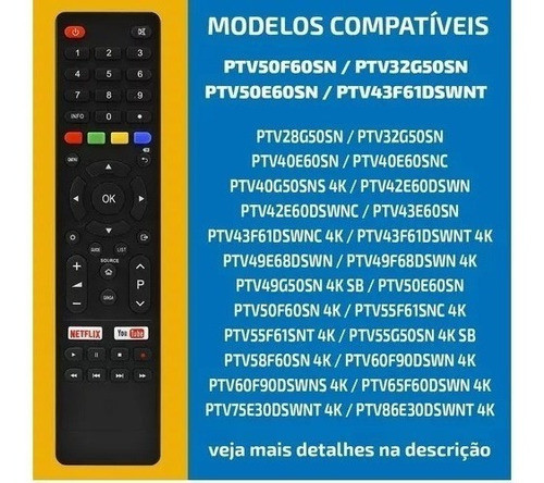 Controle Remoto Para Tv Philco Teclas Netflix E Youtube 1