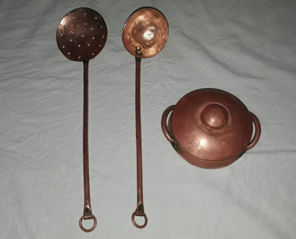 Antiguo Lote Cobre Espumadera  Cucharon Ollita Leer 0
