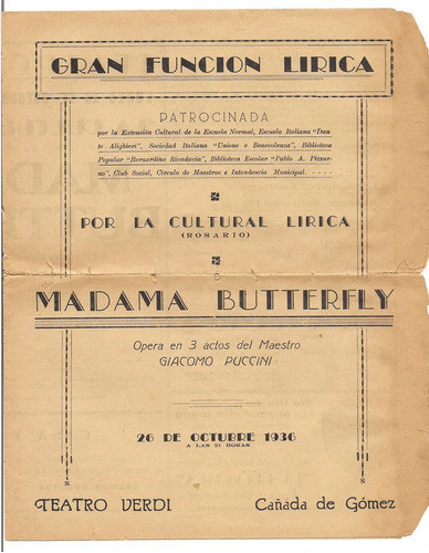Cañada Gomez Teatro Verdi Programa 1936 Madame Butterfly B3 0