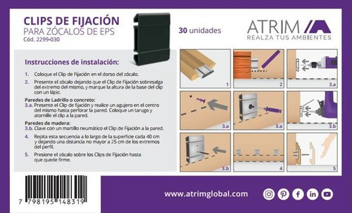 Clips De Fijación Atrim Para Zócalos X 100 Unidades 1
