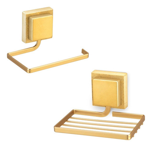 Saboneteira + Porta Papel Higiênico Sem Furo 3m Dourado Fosc 0
